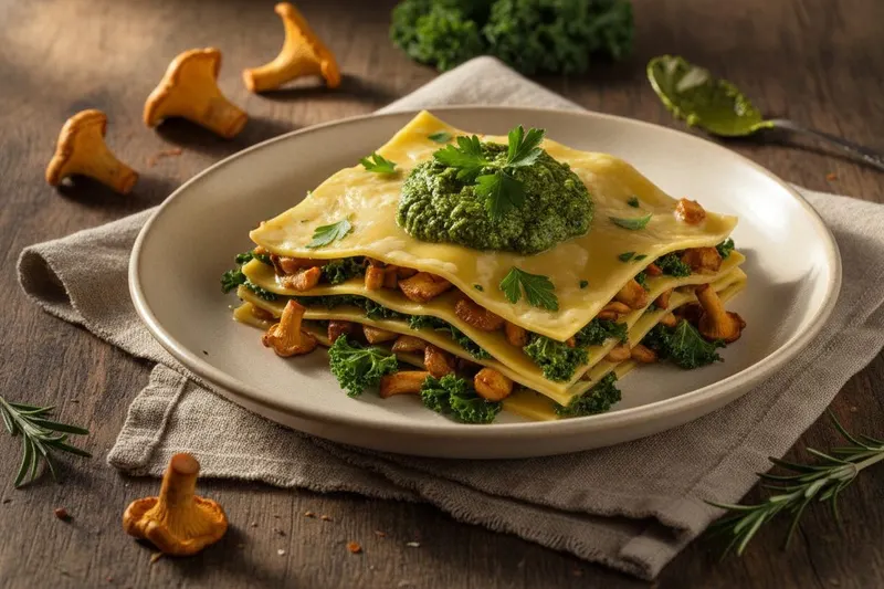 Avoin lasagne kantarellilla, lehtikaalilla ja gruyère-juustolla