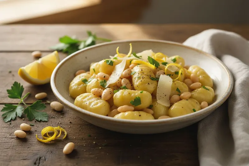 Gnocchi limonello – sitruunaiset gnocchit valkoisilla pavuilla