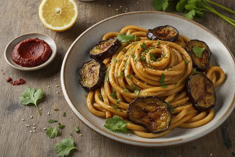 Harissa-nuudelit paahdetulla munakoisolla