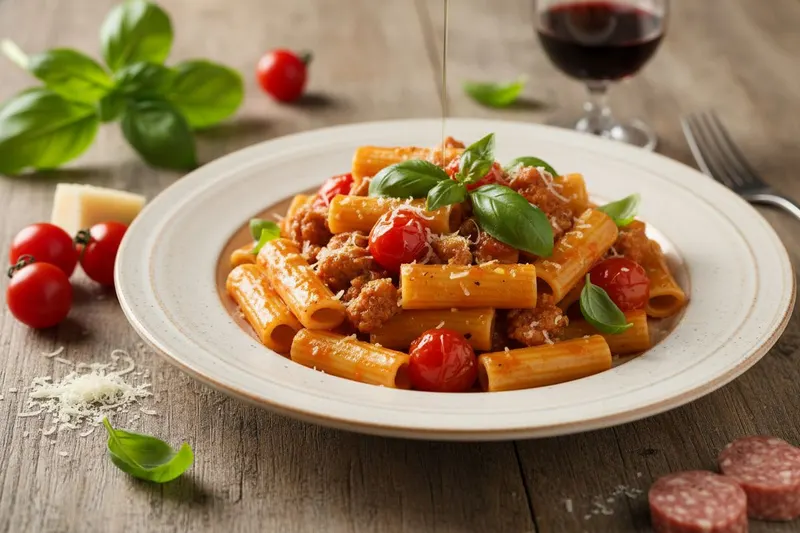 Italialainen kesäpasta raakamakkaralla