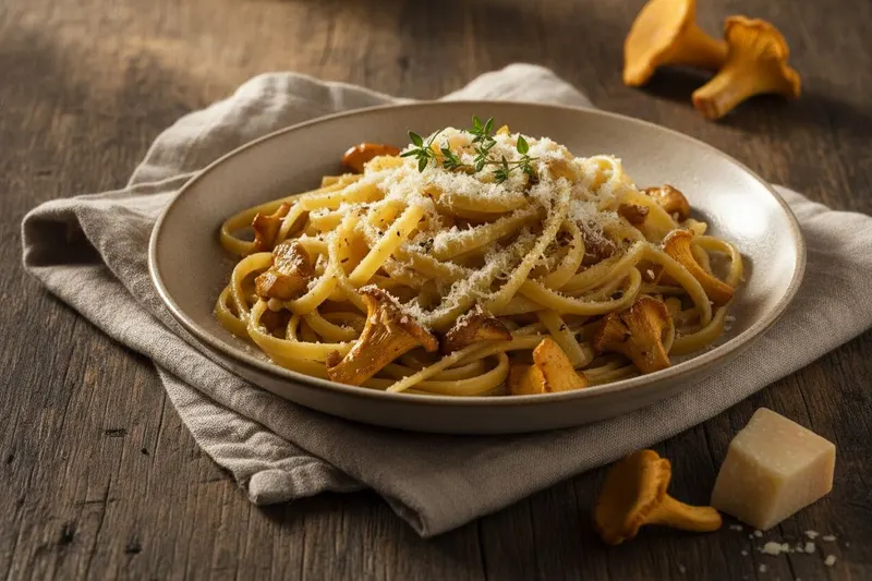 Kantarellipasta ruskistetulla voilla