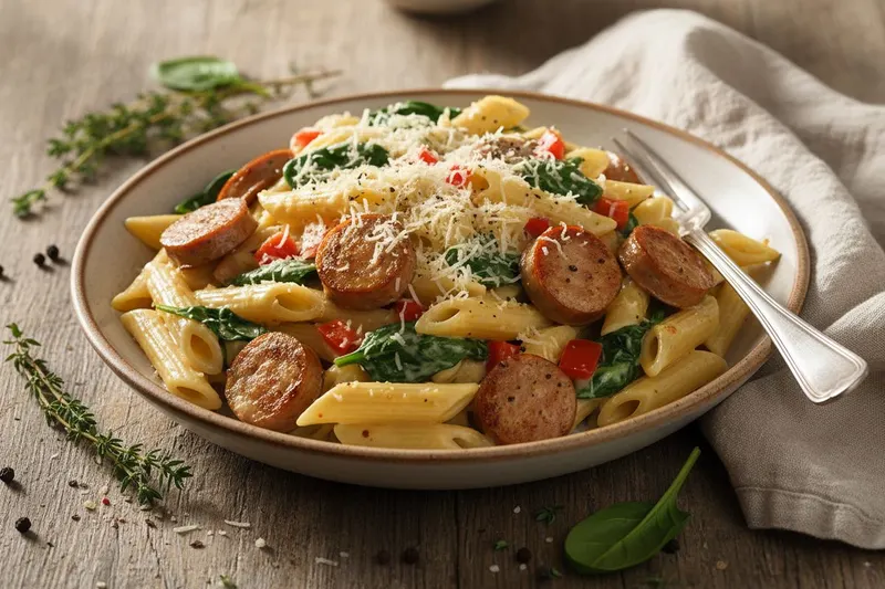 Kermainen pasta bratwurstilla ja pinaatilla