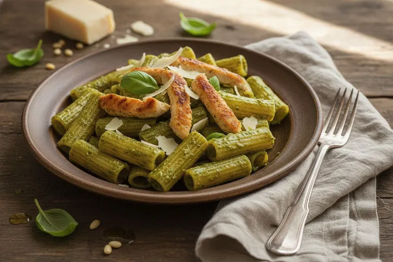 Kermainen pasta avec poulet et pesto