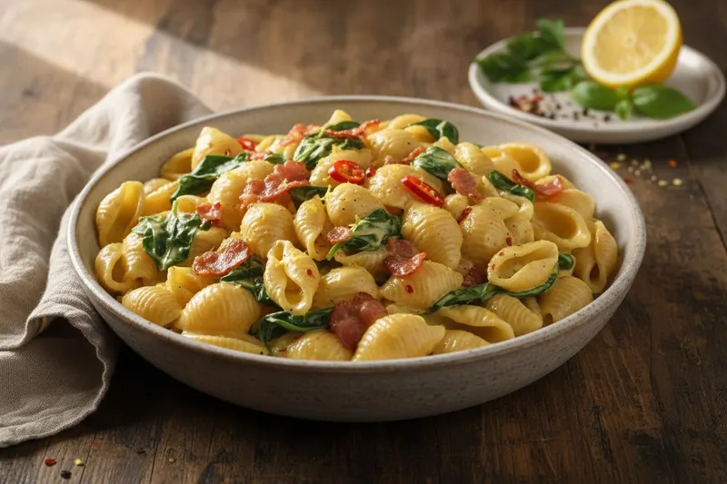 Pinaatti-pekonipasta