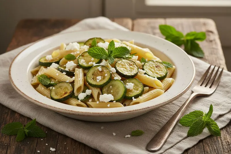 Kesäkurpitsa-fetapasta mintulla