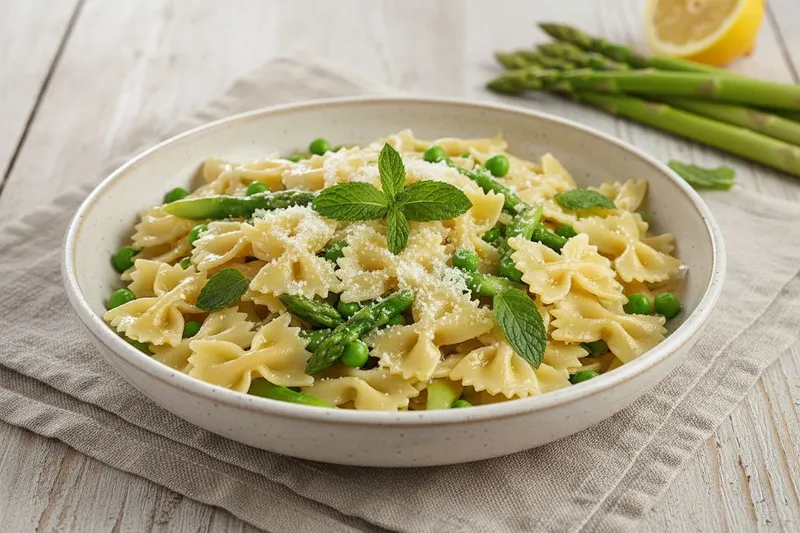 Keväinen farfalle parsalla, herneillä ja mintulla