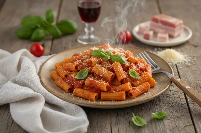 Mezze maniche -pasta pekonin kera