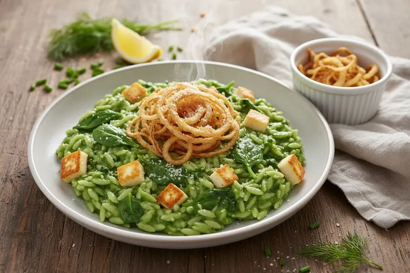 Palak paneer orzo – intialainen pinaattipasta