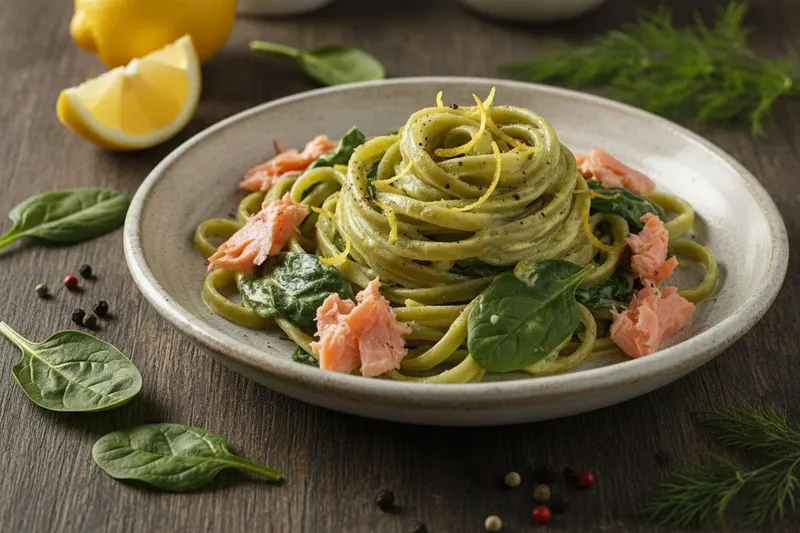 Pinaatti-savulohipasta sitruunakastikkeella