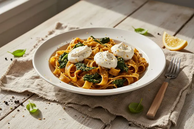 Pasta tofulla ja ruskistetulla voilla