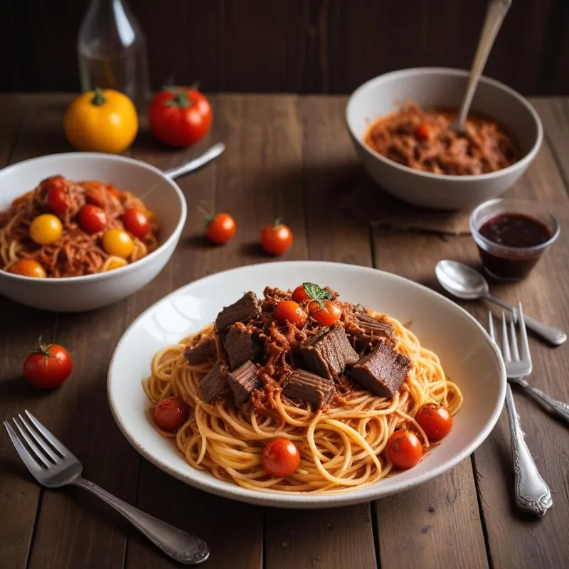 Spagetti uunissa haudutetulla kylkiluuragulla