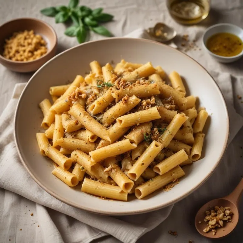 Tortiglioni anjoviksella ja rapealla korppujauholla