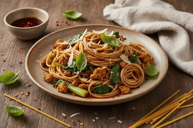 Tulinen kasvisspagetti chiliöljyllä