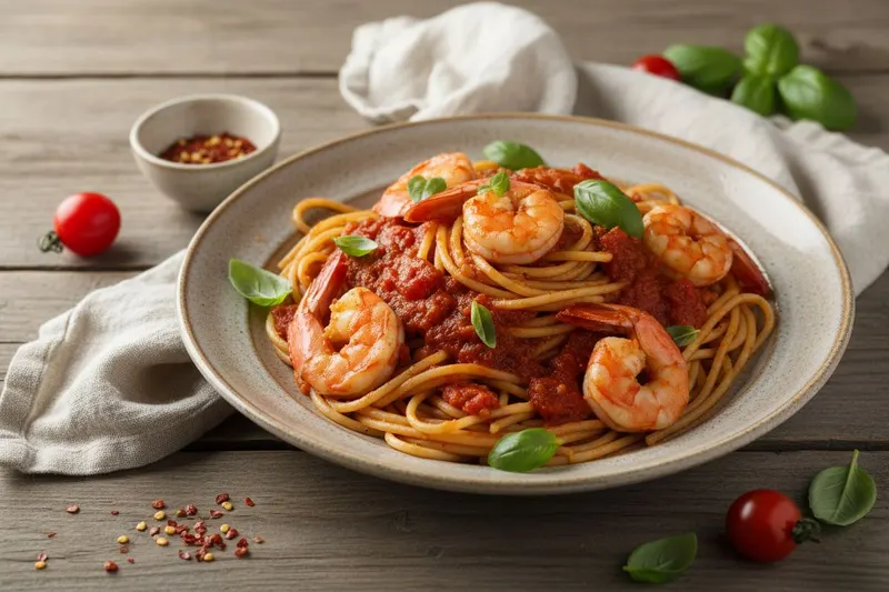 Katkarapuspagetti chilillä