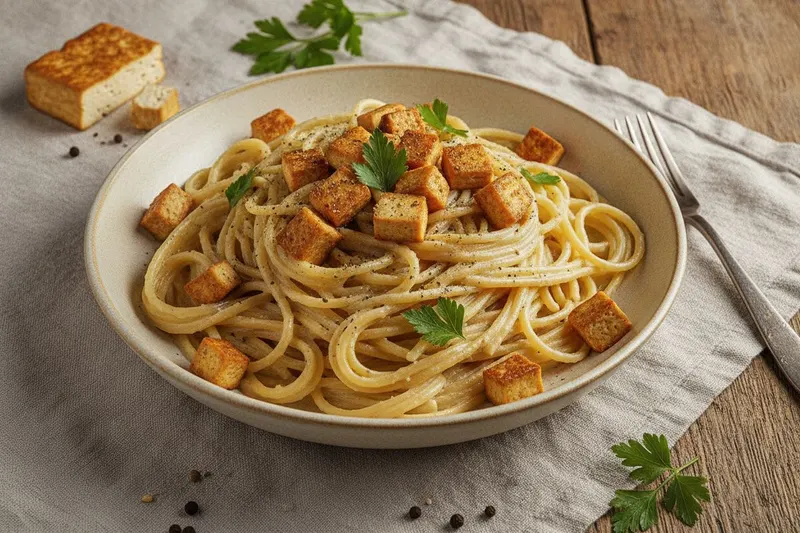 Vegaaninen pasta carbonara kaurakermalla