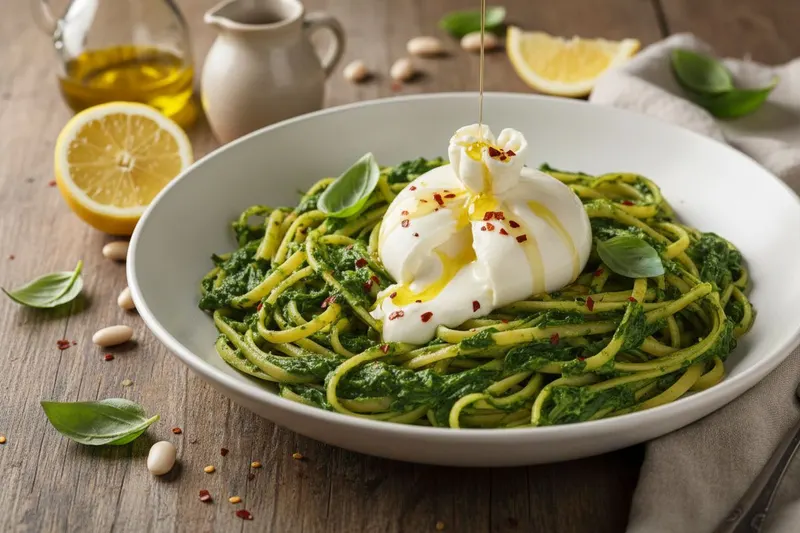 Vihreä pasta pinaatilla ja burratalla